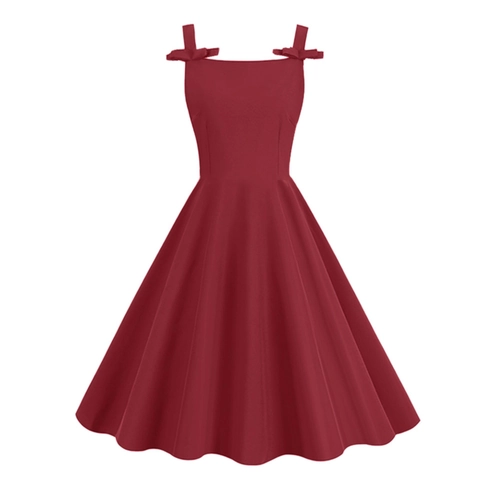 Women Vintage Audrey Hepburn Style Sleeveless Dress Square Neck Bow Strap A-Line Swing Party Elegant Solid Color Dress