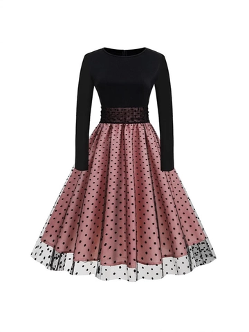 Women Vintage Polka Dot Mesh Midi Dress Elegant Round Neck Long Sleeve Patchwork Audrey Hepburn A-Line Party Dress
