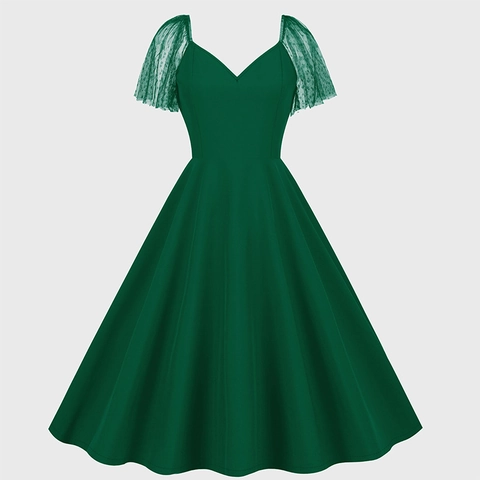 Vintage V Neck Mesh Polka Dot Sleeve A-Line Midi Dress Hepburn Style Retro Party Swing Dress For Women Polyester Gown