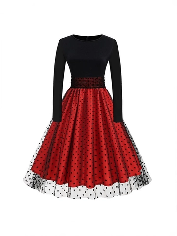 Women Vintage Polka Dot Mesh Midi Dress Elegant Round Neck Long Sleeve Patchwork Audrey Hepburn A-Line Party Dress