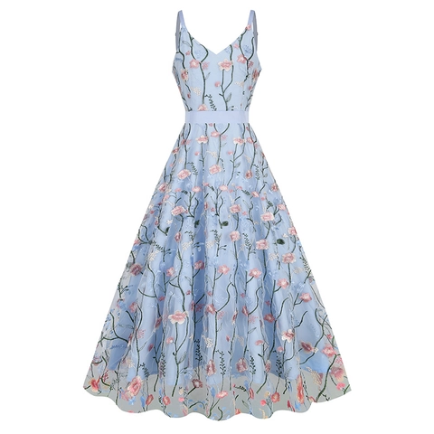 Vintage V Neck Spaghetti Strap Embroidery Mesh Maxi Dress Elegant A Line Party Evening Gown For Women Floral Mesh Dress