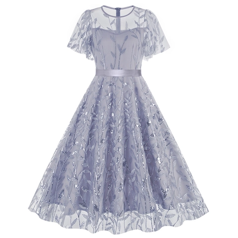 Vestido de Fiesta Vintage de Malla con Bordado de Hojas y Lentejuelas Elegante Cuello Redondo Midi Línea A con Cinturón