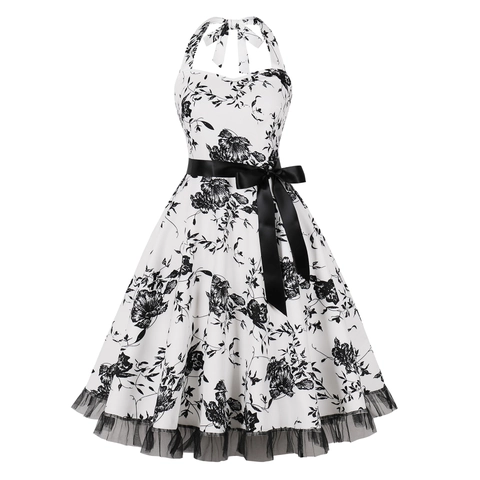 Women Halter Neck Vintage 50s Audrey Hepburn Dress Floral Cherry Butterfly Print A-Line Mesh Hem Cocktail Party Midi Dress