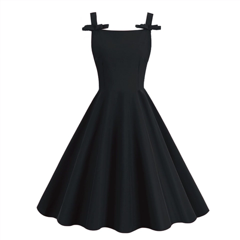 Women Vintage Audrey Hepburn Style Sleeveless Dress Square Neck Bow Strap A-Line Swing Party Elegant Solid Color Dress