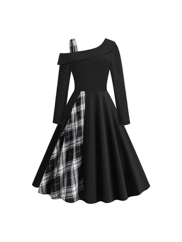 Vestito Midi da Donna Vintage Scollo Asimmetrico Spalle Scoperte Splicing a Quadri Linea A Manica Lunga Elegante Francese