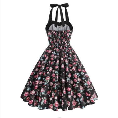 Damen Vintage Retro Rosenblüten Druck Neckholder Kleid Elegant A-Linie Swing Tailliert Midi Party Kleid Polyester Vestidos