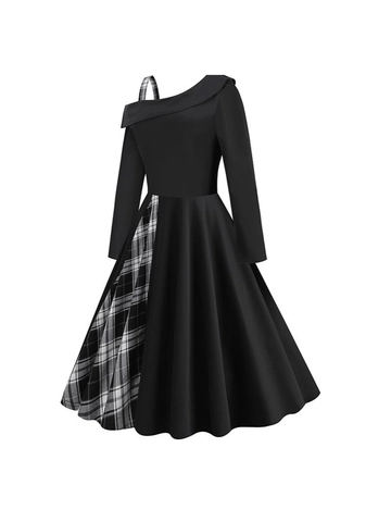 Vestito Midi da Donna Vintage Scollo Asimmetrico Spalle Scoperte Splicing a Quadri Linea A Manica Lunga Elegante Francese