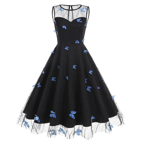 Vintage Ronde Hals Mouwloos Vlinder Geborduurde Jurk Elegant 3D Applique A-Lijn Mesh Midi Party Jurk Voor Vrouwen Retro Stijl
