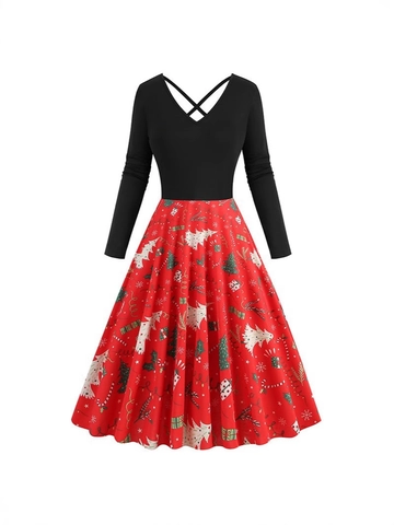 Vestido Midi de Patchwork de Navidad Vintage para Mujer Manga Larga Cuello en V Entrecruzado Línea A Vestidos de Fiesta