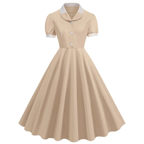 Women Vintage Peter Pan Collar A-Line Midi Dress Short Sleeve Contrast Color Hepburn Style Retro Elegant Party Dress
