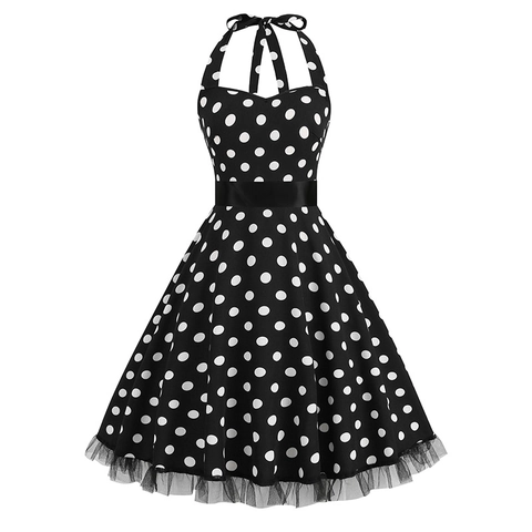Women Vintage 1950s Polka Dot Halter Dress Summer Sleeveless A-Line Hepburn Style Party Dress With Satin Belt Mesh Hem