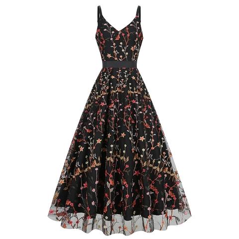 Vintage V Neck Spaghetti Strap Embroidery Mesh Maxi Dress Elegant A Line Party Evening Gown For Women Floral Mesh Dress