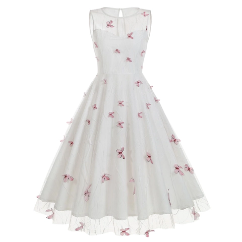 Vintage Ronde Hals Mouwloos Vlinder Geborduurde Jurk Elegant 3D Applique A-Lijn Mesh Midi Party Jurk Voor Vrouwen Retro Stijl