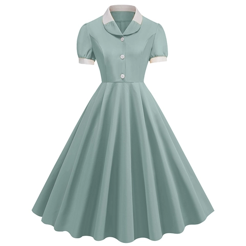 Women Vintage Peter Pan Collar A-Line Midi Dress Short Sleeve Contrast Color Hepburn Style Retro Elegant Party Dress