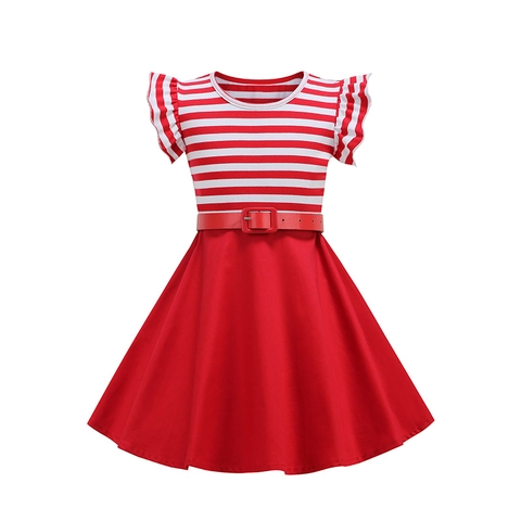 Girls Vintage Striped Patchwork Dress With Waist Belt Flutter Sleeve Round Neck Summer Casual A-Line Skirt Party Apparel