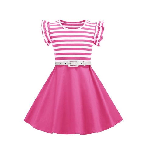 Girls Vintage Striped Patchwork Dress With Waist Belt Flutter Sleeve Round Neck Summer Casual A-Line Skirt Party Apparel