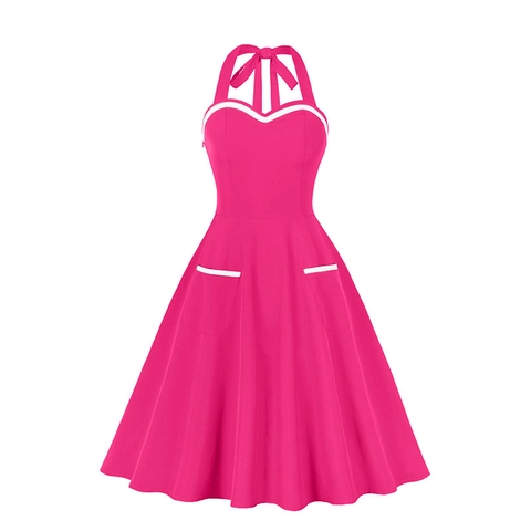 1950s Vintage Halter Neck Dress For Women Solid Color A-Line Midi Dress With Pockets And Contrast Piping Party Dress