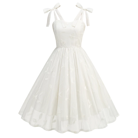 Women Retro Hepburn Style Midi Dress White Leaf Embroidery Bow Spaghetti Strap Elegant Tulle Party Dress For Wedding Guest Vacation Summer