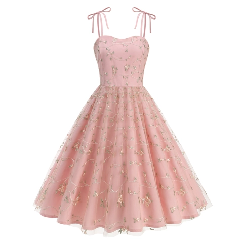 Vestido Midi de Malla con Bordado Floral Rosa Elegante Vintage Mujer Tirantes Finos Lazo Tul Línea A Vestidos de Boda