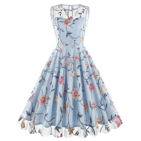 Women Elegant Vintage Flower Embroidery Mesh Sleeveless Dress Round Neck A-Line Midi Dress Retro Floral Mesh Party Dress
