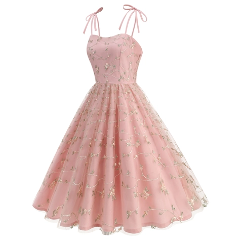 Vestido Midi de Malla con Bordado Floral Rosa Elegante Vintage Mujer Tirantes Finos Lazo Tul Línea A Vestidos de Boda