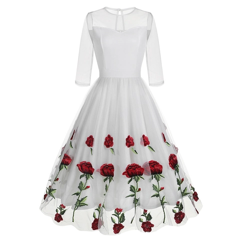 Vestido Midi de Malla con Bordado de Rosas Vintage para Mujer Elegante Cuello Redondo Manga Tres Cuartos Hepburn Retro Línea A