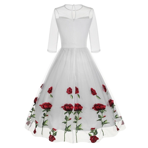 Vestido Midi de Malla con Bordado de Rosas Vintage para Mujer Elegante Cuello Redondo Manga Tres Cuartos Hepburn Retro Línea A