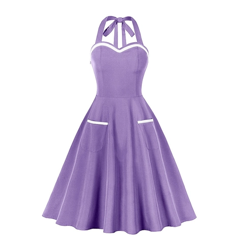 1950s Vintage Halter Neck Dress For Women Solid Color A-Line Midi Dress With Pockets And Contrast Piping Party Dress