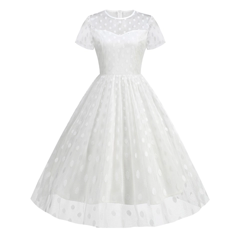 Vestido Midi de Mujer Vintage Años 50 Estilo Hepburn de Lunares Malla Elegante Cuello Redondo Manga Corta Línea A Fiesta Cóctel