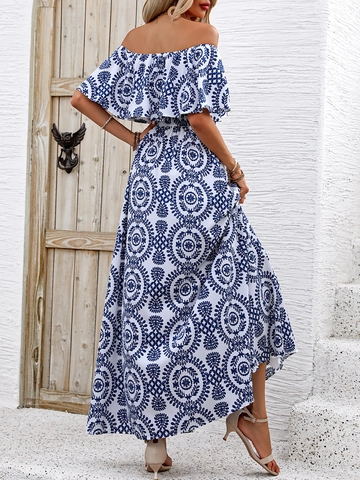 Women Bohemian Off-Shoulder Maxi Dress Floral Mandala Print Ruffle High Slit Summer Beach Vacation Elegant Long Dress
