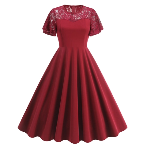 Vestido de Cóctel para Mujer Hepburn Vintage con Encaje Línea A Cuello Redondo Manga Corta Elegante Color Sólido Vestido Midi