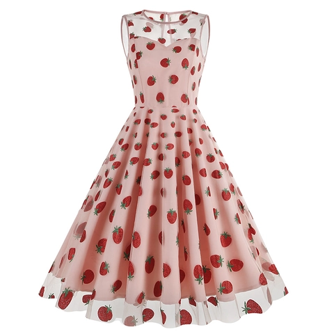Vestido Midi Acampanado Retro de los 50 para Mujer Empalme de Malla Bordado Cereza Fresa Estampado de Corazón Sin Mangas Fiesta