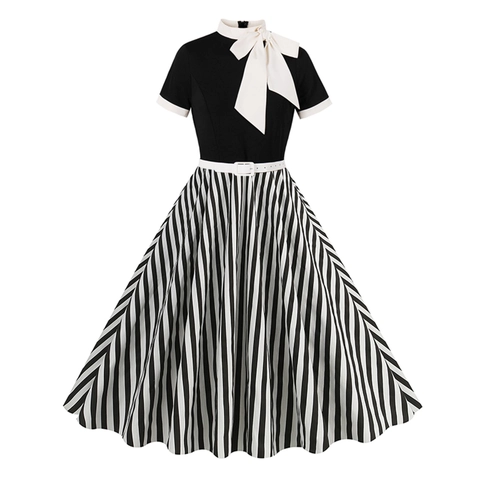 Robe de Style Hepburn Vintage des Années 1950 pour Femmes Patchwork à Rayures Noires et Blanches Manches Courtes Coupe Trapèze Swing Robe de Soirée Cocktail avec Nœud et Ceinture