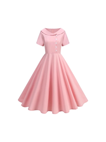 Women Vintage 1950s Audrey Hepburn Style A-Line Midi Dress Round Peter Pan Collar Short Sleeve Button Solid Color Polyester Dress