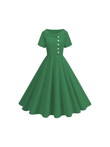 Vestido Midi de Estilo Hepburn Retro para Mujer Color Sólido Manga Corta Cuello Redondo Con Botones Cintura Alta Vestido de Fiesta Gran Vuelo