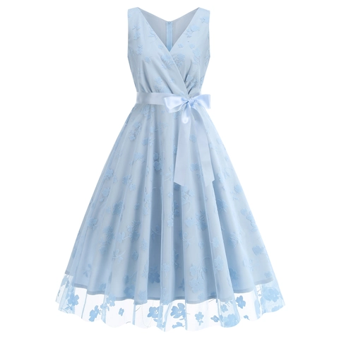Abito da Donna Vintage Scollo a V Senza Maniche Floreale Floccato Linea A Elegante Mesh Party Midi Abito Con Cintura Satin