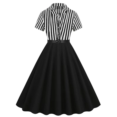 Vintage 1950s Women Short Sleeve Striped Patchwork A-Line Midi Dress With Belt Elegant V-Neck Hepburn Style Retro Party Dress
