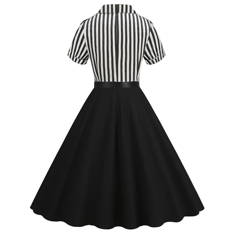 Vintage 1950s Women Short Sleeve Striped Patchwork A-Line Midi Dress With Belt Elegant V-Neck Hepburn Style Retro Party Dress