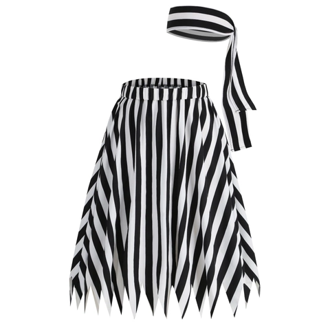 Falda de Pirata de Rayas Blancas y Negras Vintage para Mujer Y Diadema Con Dobladillo en Zigzag Falda Midi de Línea A