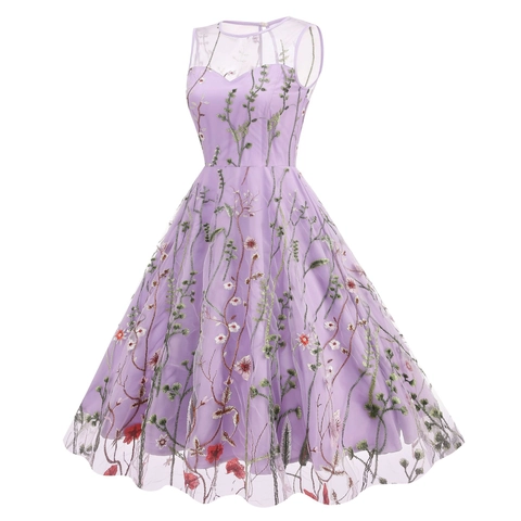 Damen Vintage Ärmellos Rundhalsausschnitt Blumen Stickerei Mesh Midikleid Elegant Retro A-Linie Party Hochzeit Abend Cocktailkleid