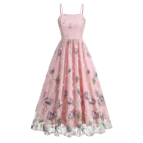 Elegante Abito Midi da Donna con Spalline Sottili Ricamo Floreale Rete Silhouette a Trapezio Vintage Stile Francese Vestito da Festa