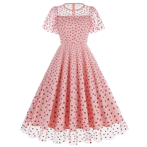 Abito Midi da Donna in Rete Retrò Stampa Cuore Ciliegia Manica Corta Volant Linea A Abito da Festa San Valentino