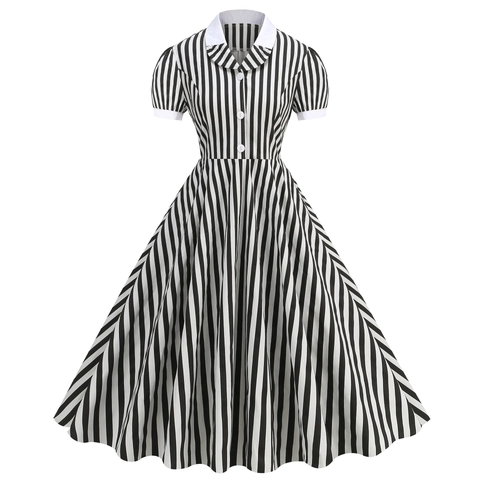 Robe Midi Trapèze Vintage Style Audrey Hepburn Années 50 À Rayures Verticales Noires Et Blanches Manches Courtes Avec Col Claudine