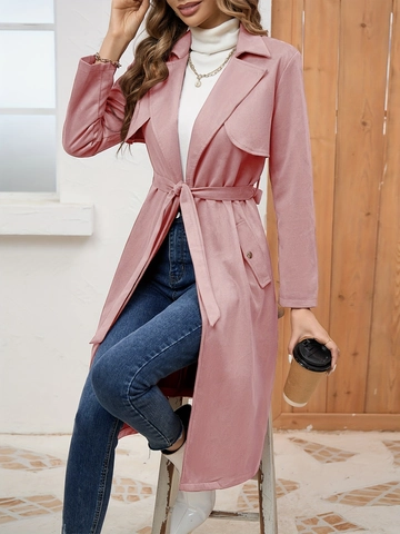 Elegante Impermeabile Lungo in Similpelle Scamosciata da Donna Con Cintura Collo a Revers Casual Tinta Unita Giacca a Vento