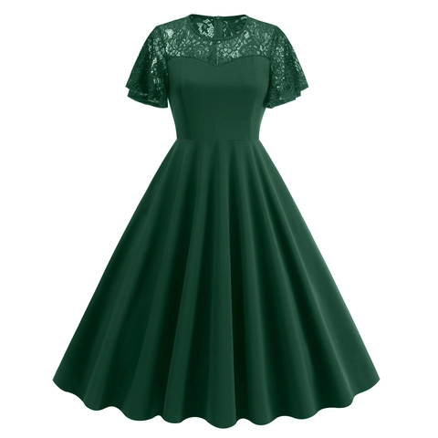 Vestido de Cóctel para Mujer Hepburn Vintage con Encaje Línea A Cuello Redondo Manga Corta Elegante Color Sólido Vestido Midi