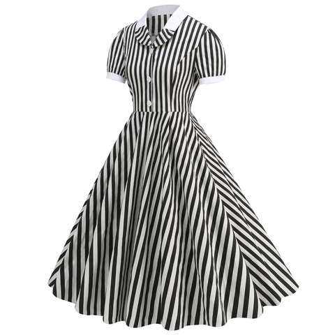 Robe Midi Trapèze Vintage Style Audrey Hepburn Années 50 À Rayures Verticales Noires Et Blanches Manches Courtes Avec Col Claudine