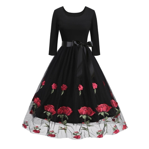 Abito a Trapezio Vintage in Mesh Patchwork da Donna Elegante Ricamo Polka Dot Cuore Floccatura Swing Midi Con Cintura in Satin