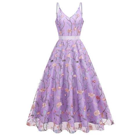 Vestido Maxi Vintage para Mujer Cuello en V Bordado Malla Floral Elegante Tirantes Línea A Fiesta Gala