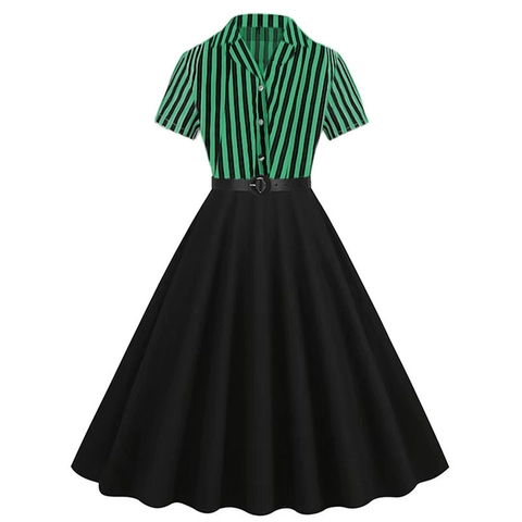 Robe Midi Trapèze Vintage à Rayures Vertes Pour Femmes Avec Ceinture Col En V Manches Courtes Rétro Boutonnée Polyester