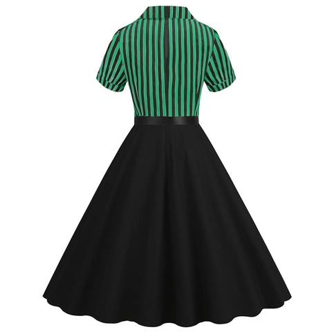 Robe Midi Trapèze Vintage à Rayures Vertes Pour Femmes Avec Ceinture Col En V Manches Courtes Rétro Boutonnée Polyester